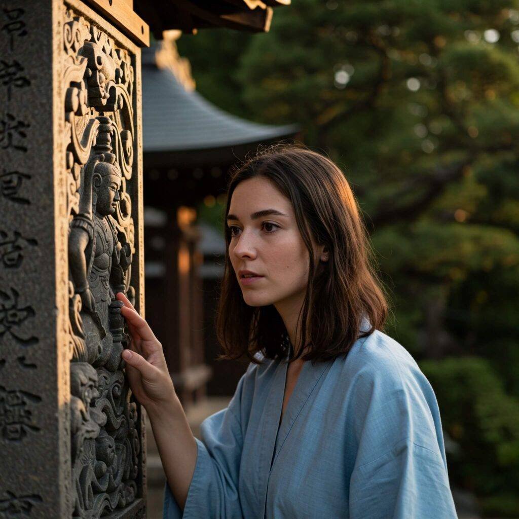 A woman observes intricate carvings