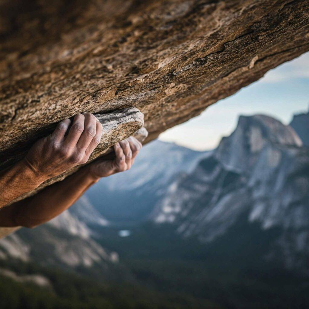 Climber's hands on rock face with mountain view