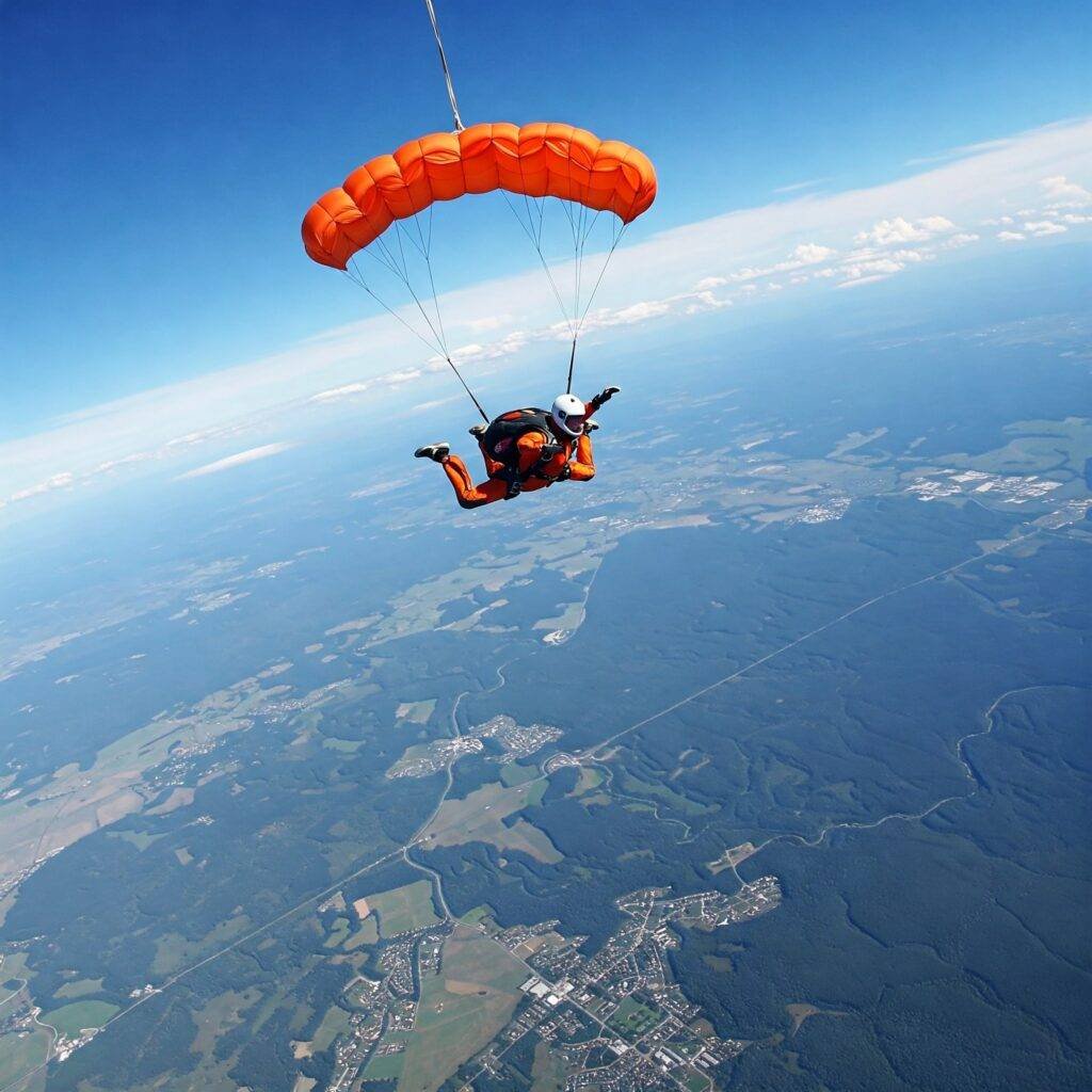 Skydiver in freefall overlooking the earth