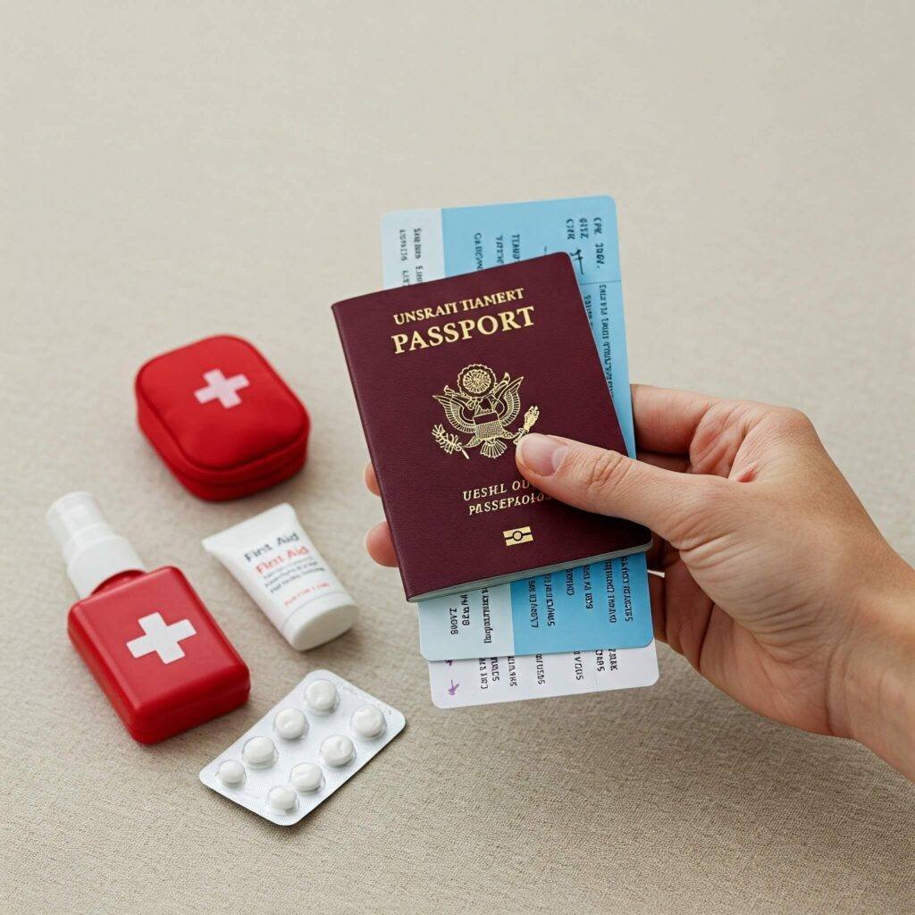Hand holding passport and travel documents 