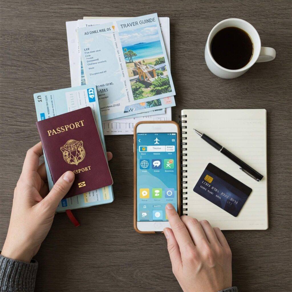 Travel planning essentials: passport, guide, app, notebook, and credit card