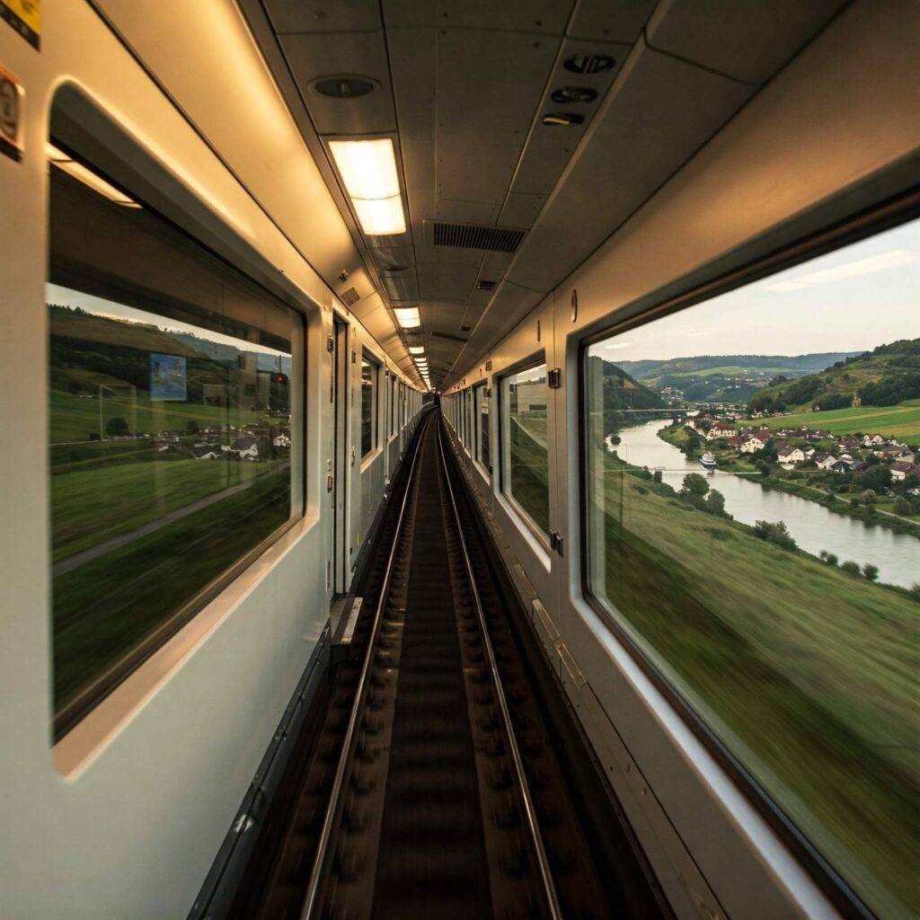 Relaxed train journey through scenic European landscape.