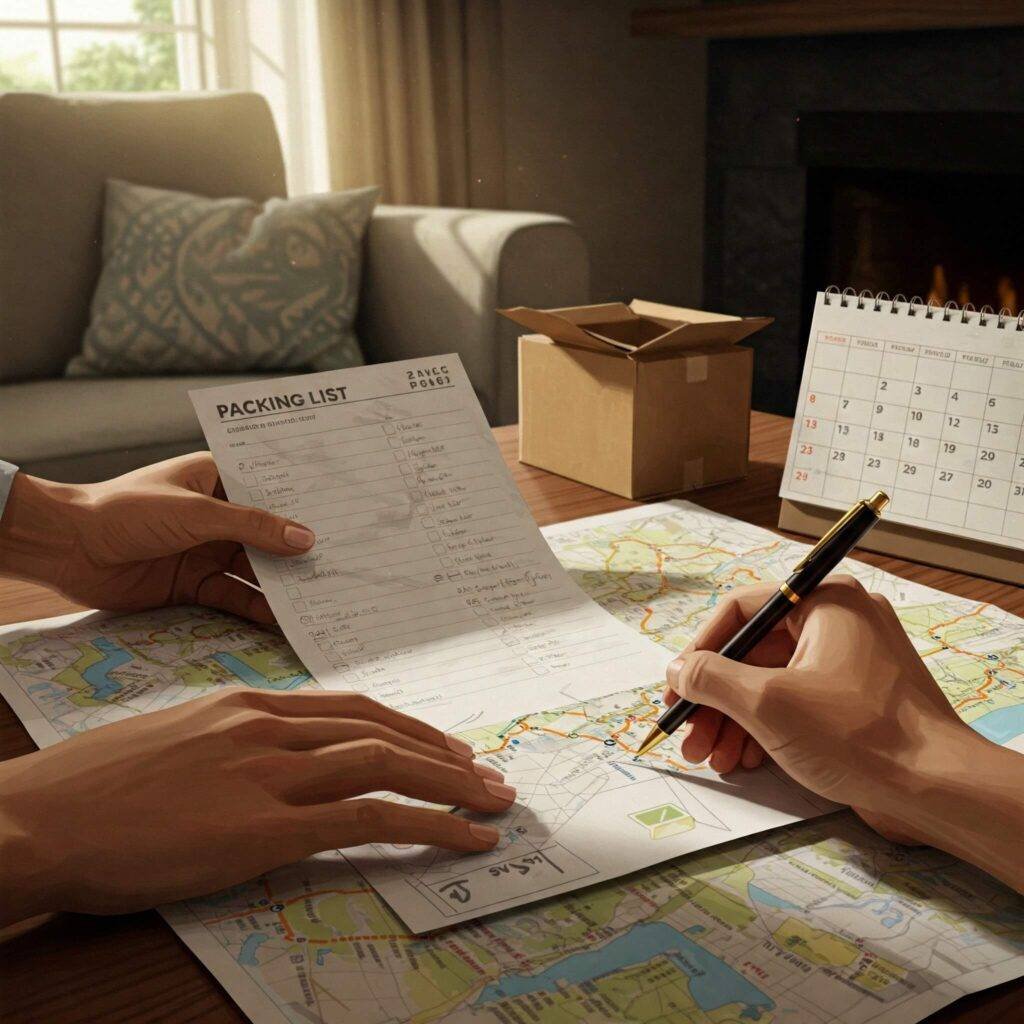 Hands reviewing a packing list, checking items
