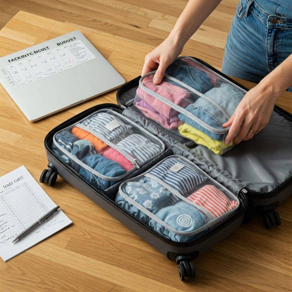 A parent efficiently packing for a family trip