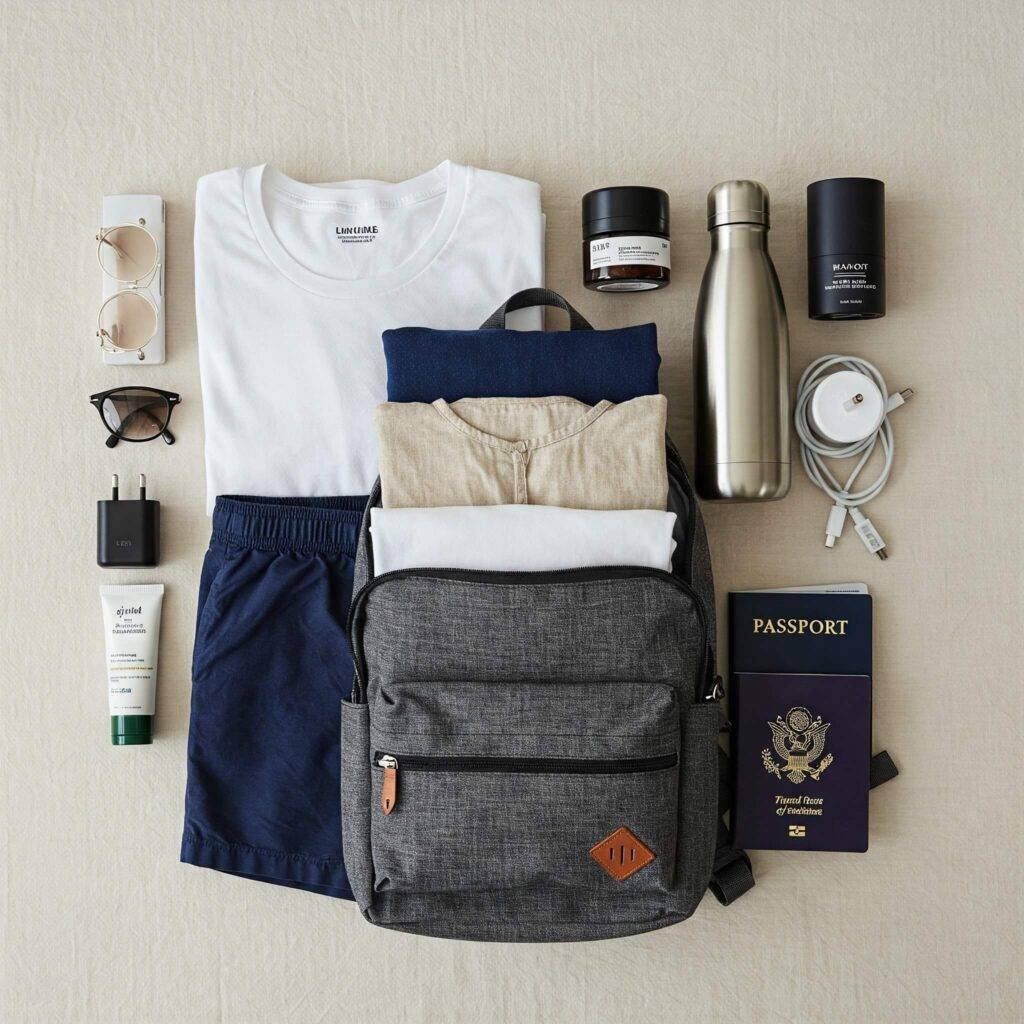 Overhead shot showing neatly organized contents of a minimalist packing list