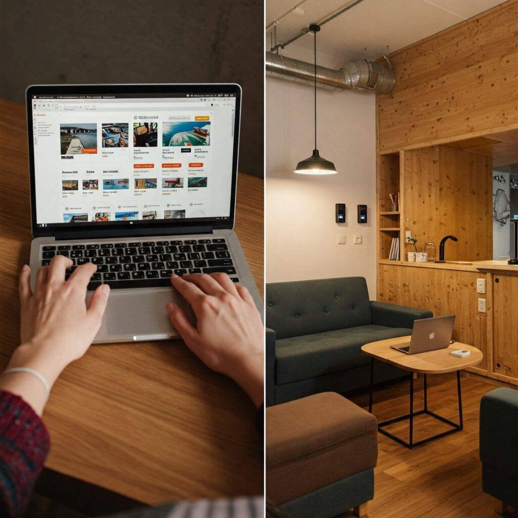 Hands using laptop to compare flights, with hostel common area in the background