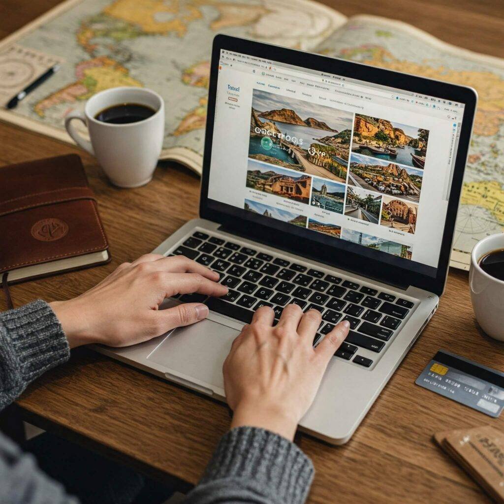 Young South Asian woman planning a luxurious trip with a tablet and travel brochures