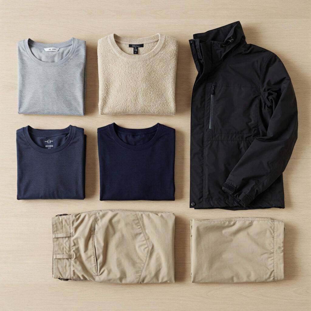 A flat lay of neatly folded travel clothing in neutral tones