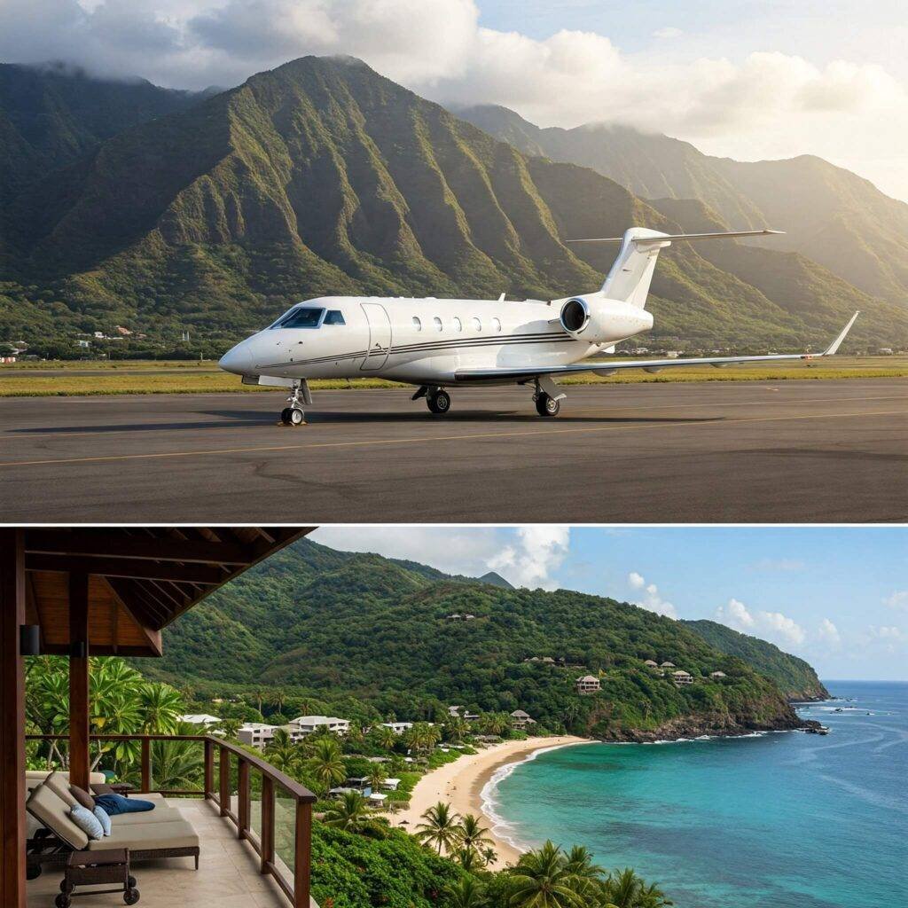 Luxurious travel with a private jet and villa with natural landscape