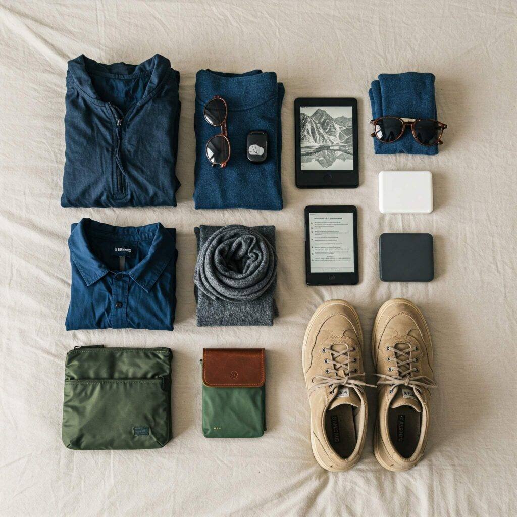 Overhead shot of travel gear for 'The Mindset Shift