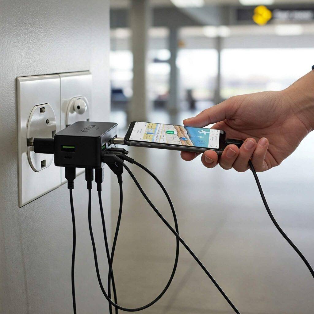 Multi-port travel charger in use, 'Power/Tech Tip'