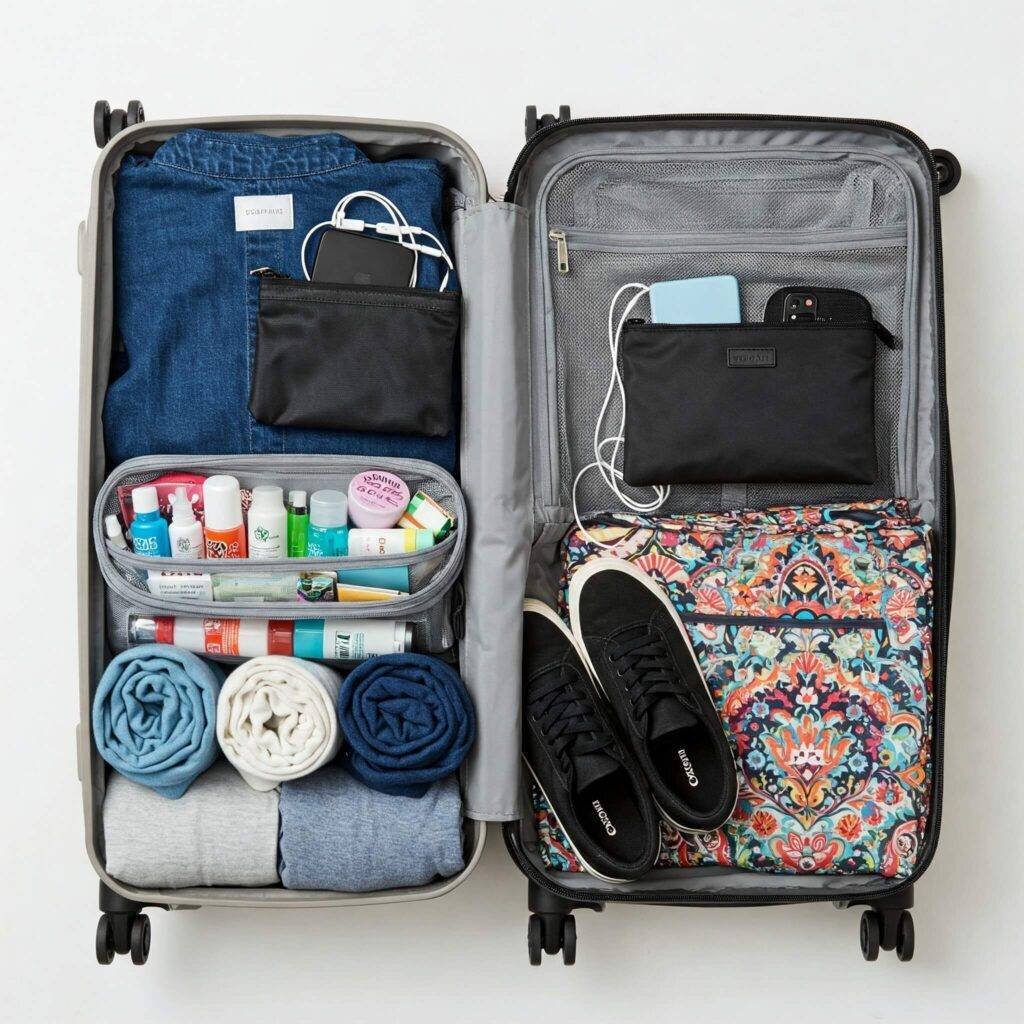 Open suitcase with packed travel essentials