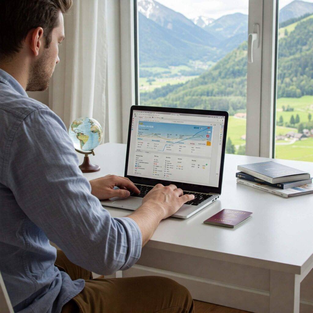 Person planning flights on laptop with world map in background