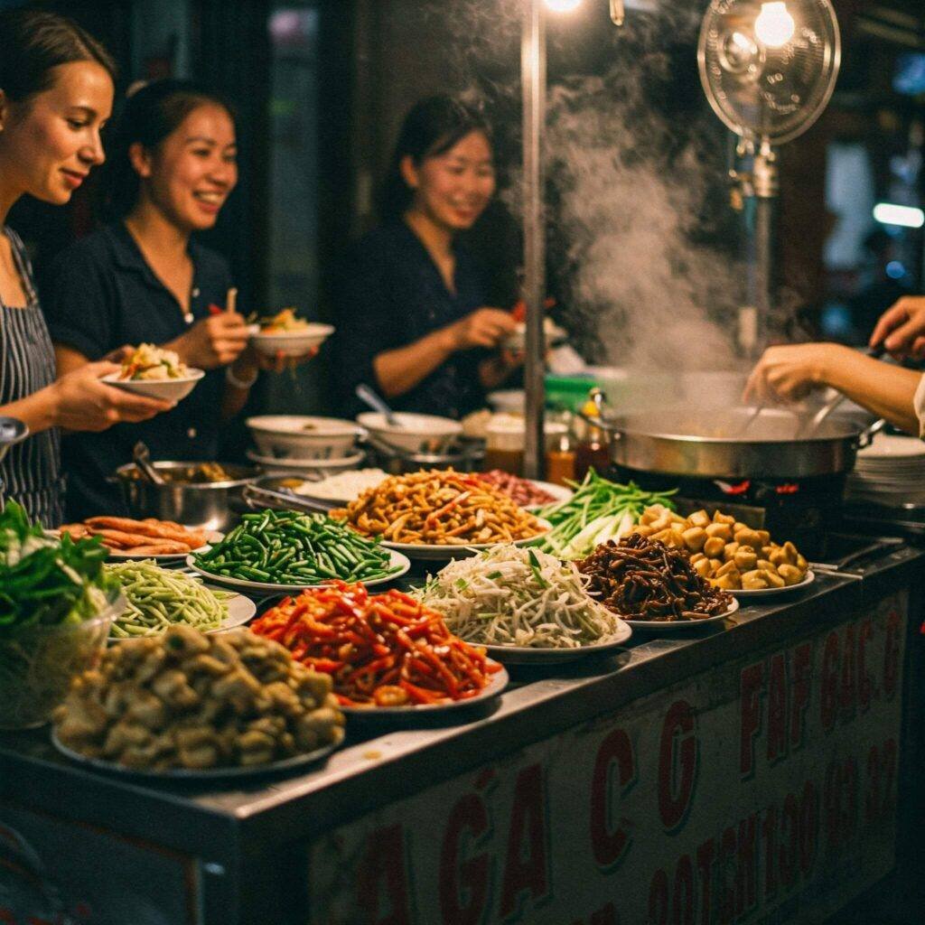 Bustling Vietnamese street food stall with colorful ingredients and steam rising