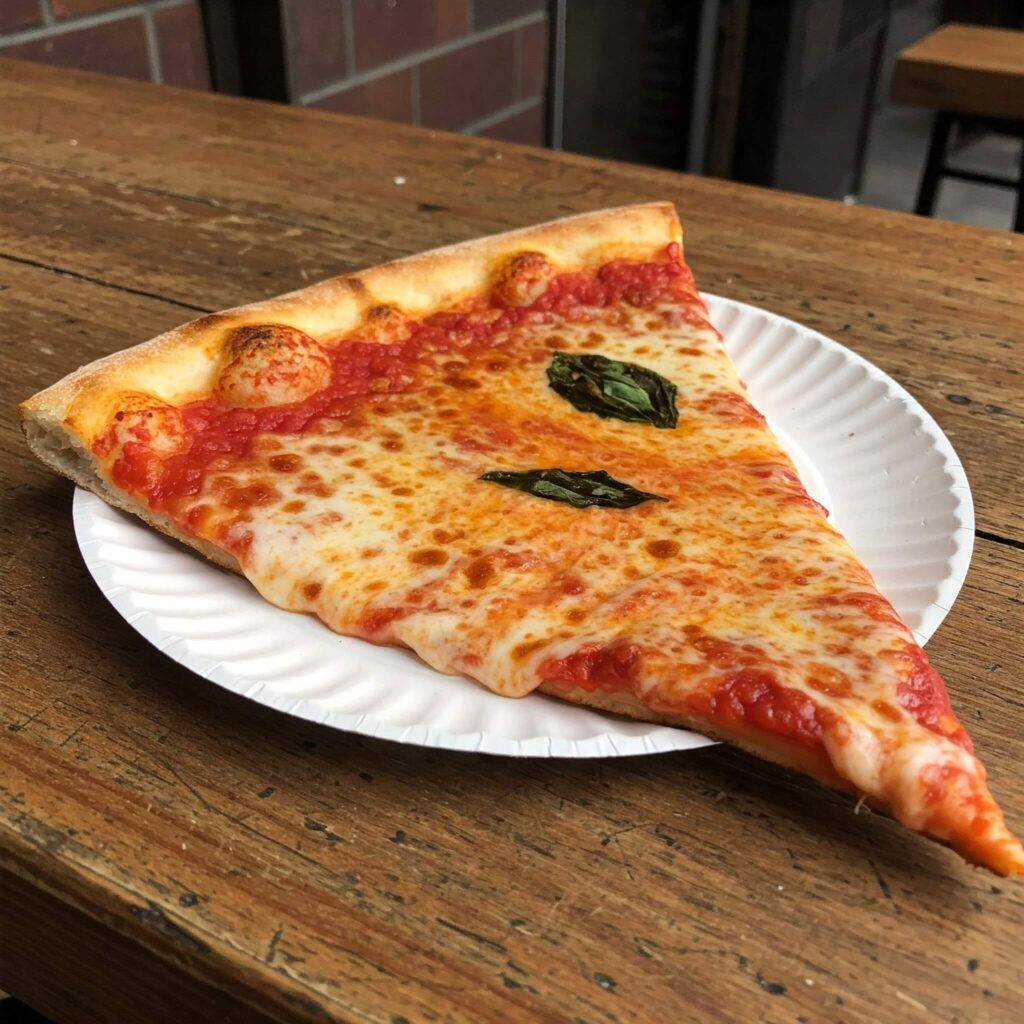 New York-style pizza slice on a paper plate