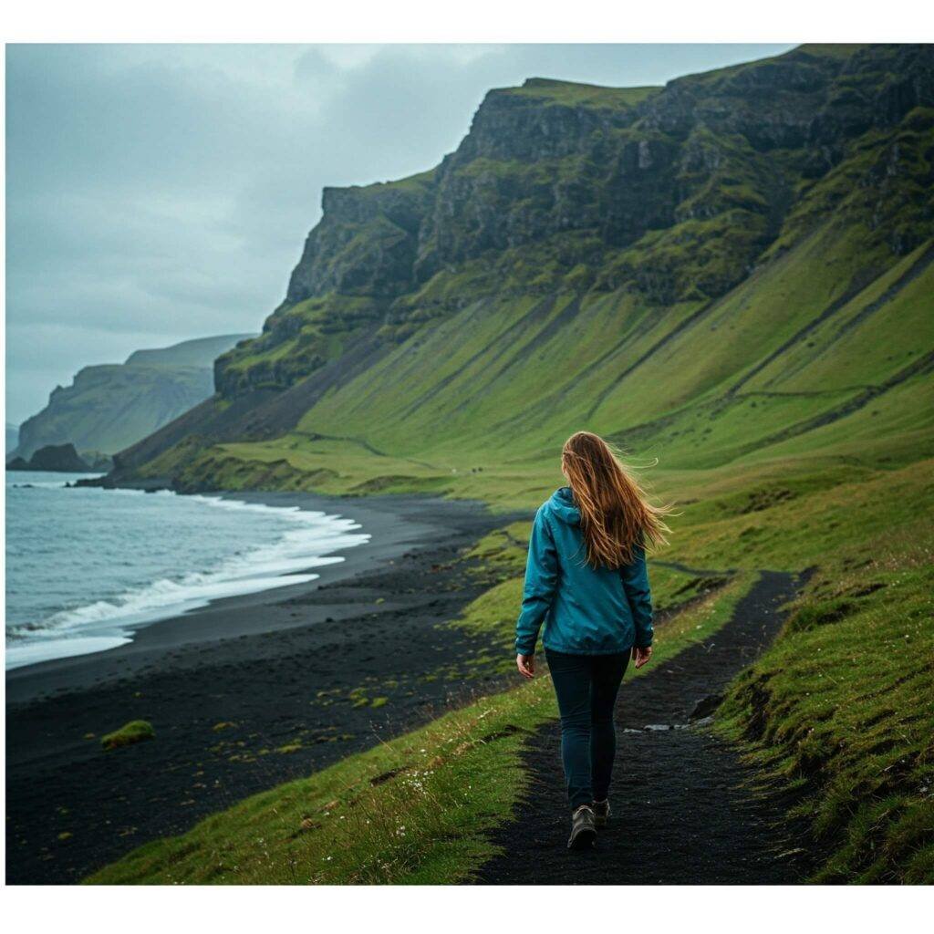 Woman hiking scenic trail in Iceland
