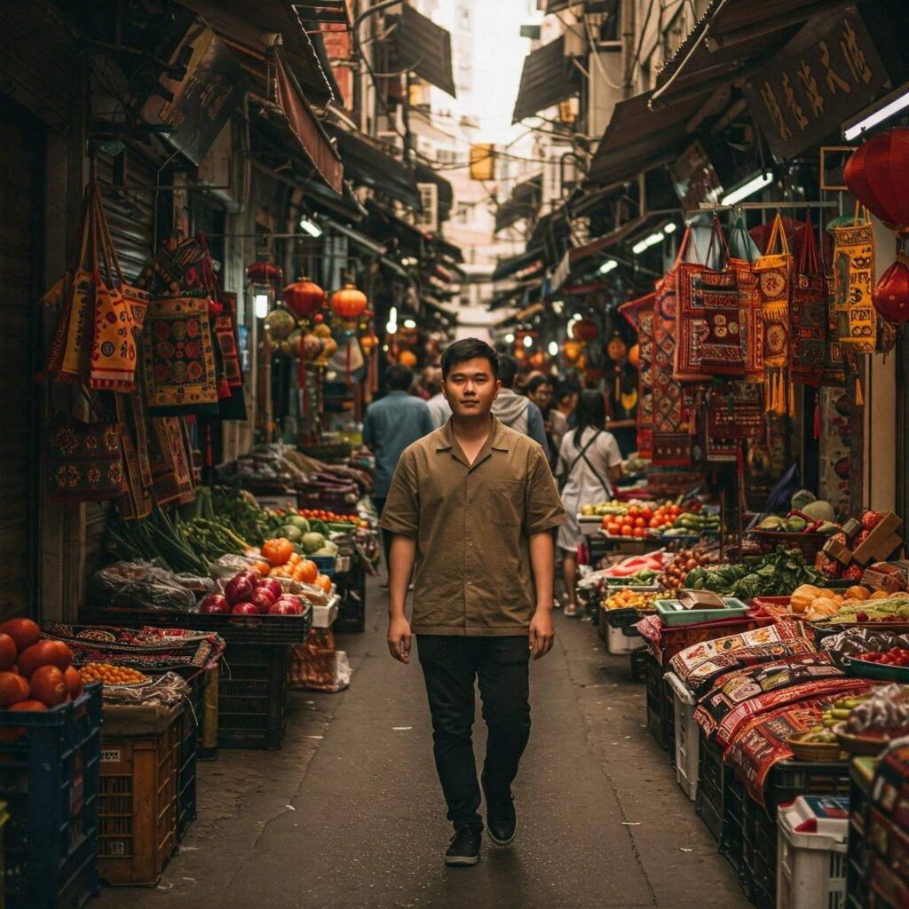 Young woman smiles while strolling through a vibrant marketplace