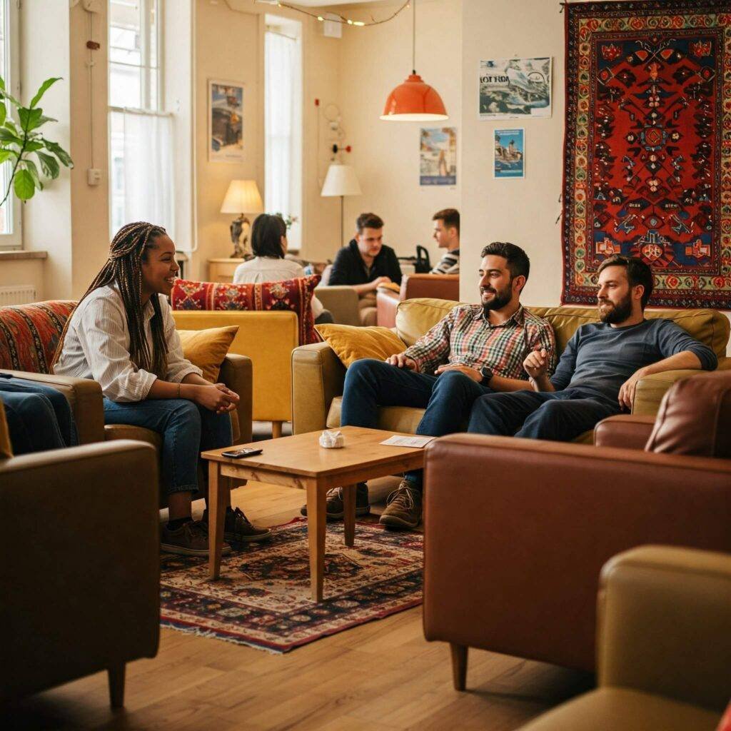 Budget European hostel common room