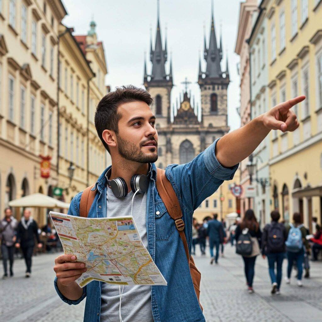 Confident traveler explores a new city, map in hand.