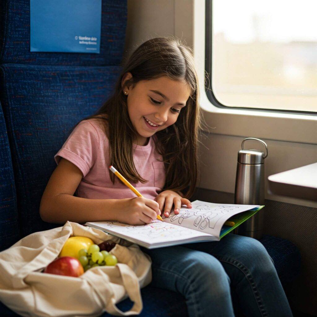 Child enjoying quiet activities and snacks while traveling