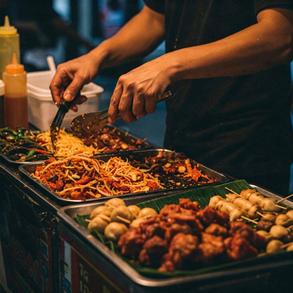 Vendor preparing street food at a market