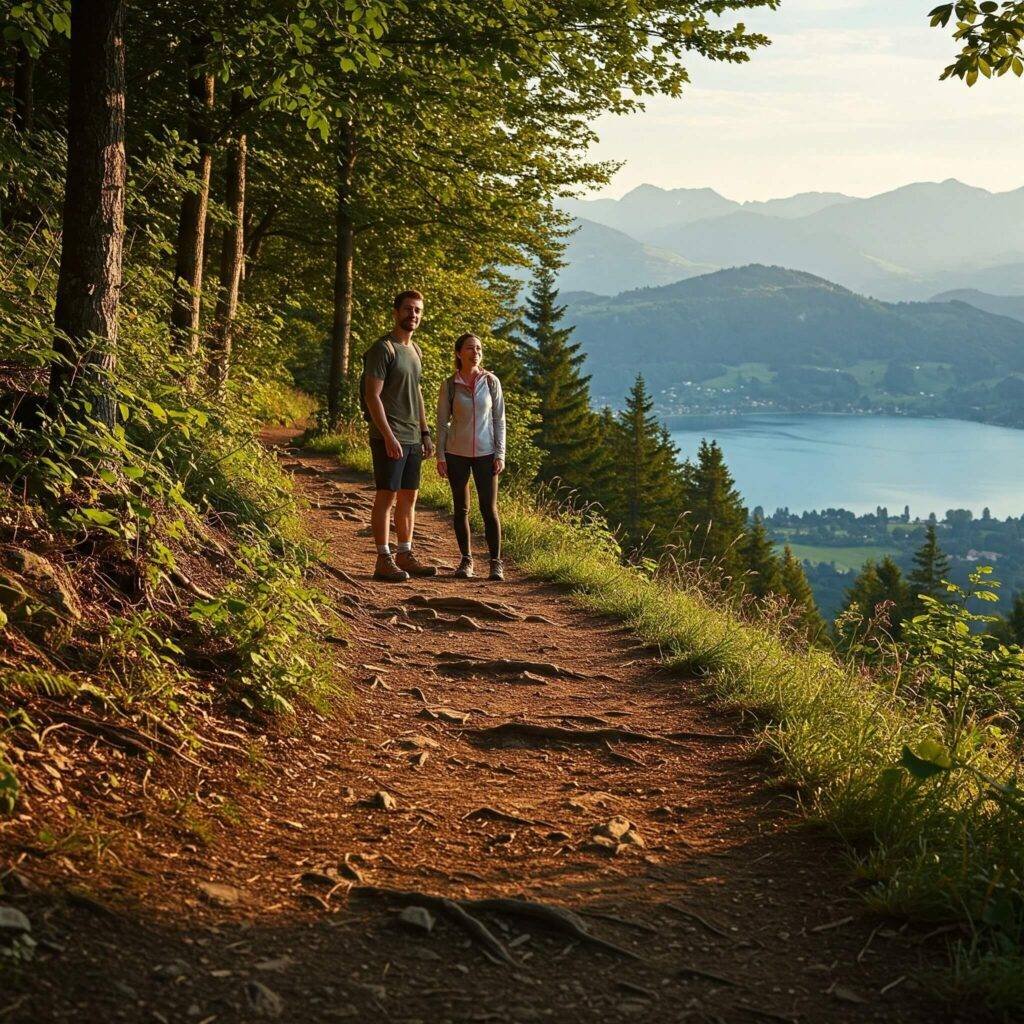 Hikers on a trail with a scenic view
