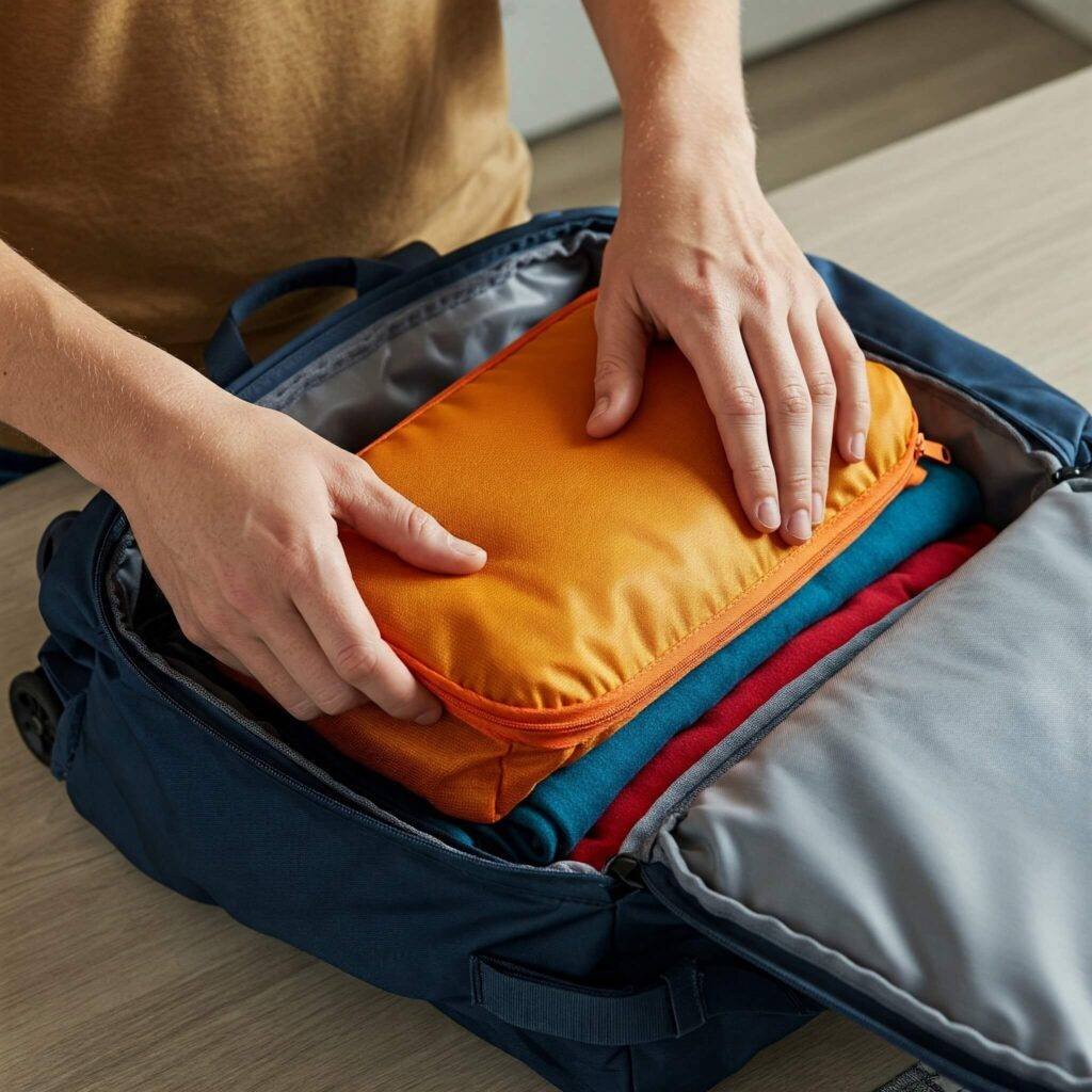 Hands packing clothes into a packing cube inside a backpack