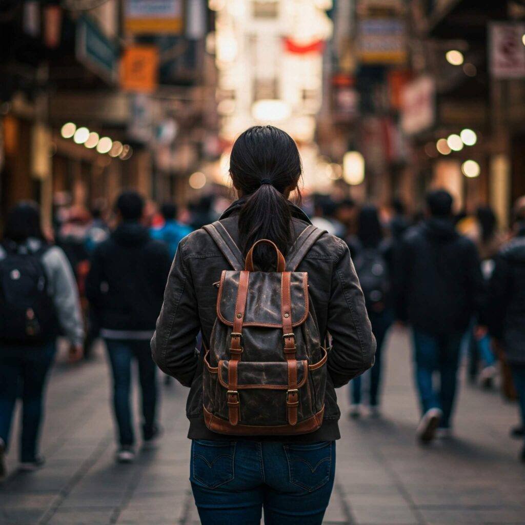 Traveler securing gear in crowded market