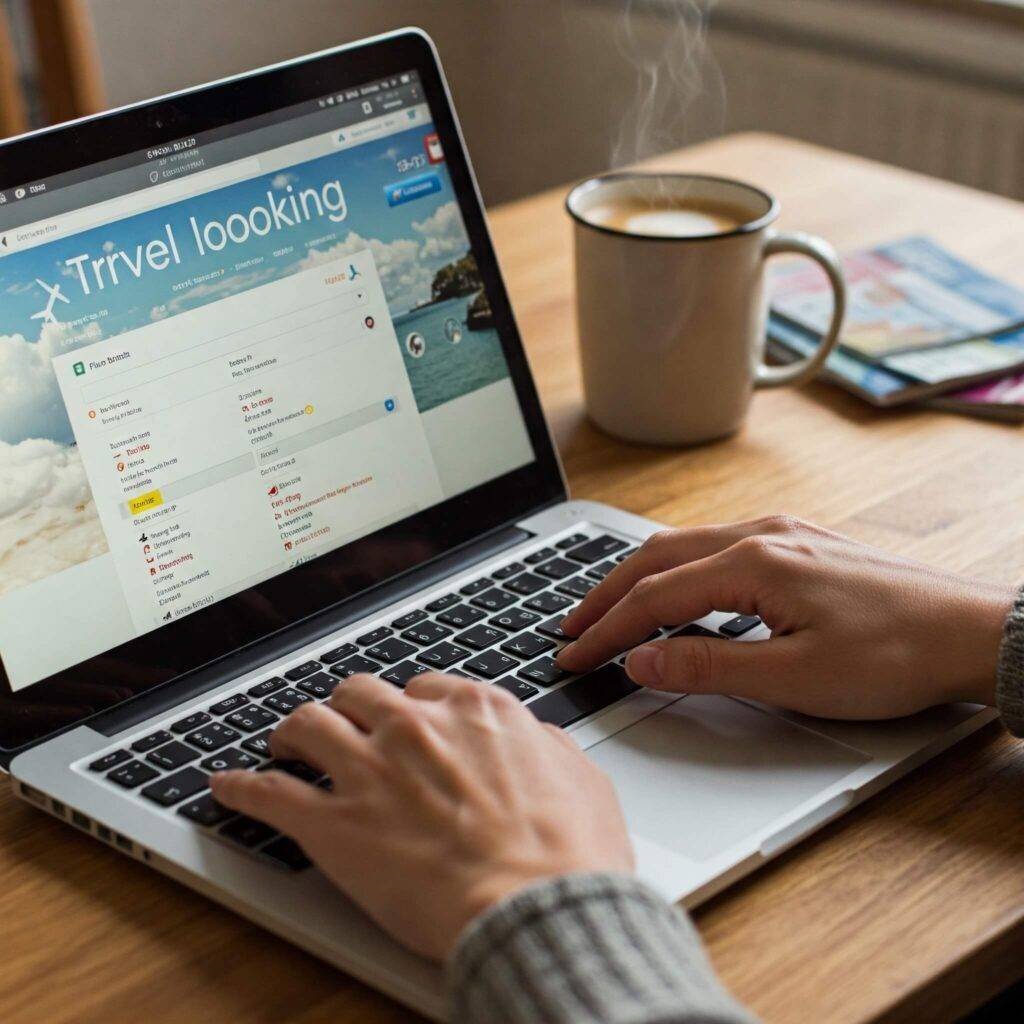 Hands typing on laptop planning travel. (Concise and descriptive)