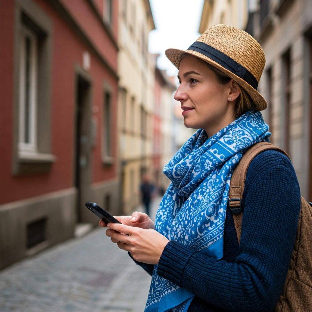 Woman traveler with phone on city street