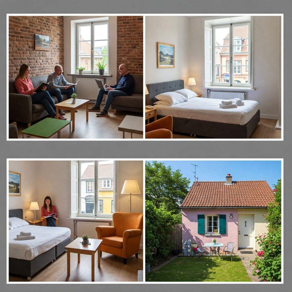 Collage of hostel common area, guesthouse room, and vacation rental interior