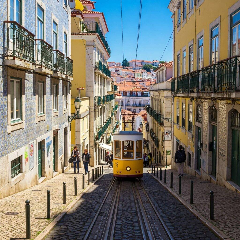 Yellow tram on charming Lisbon street, Portugal