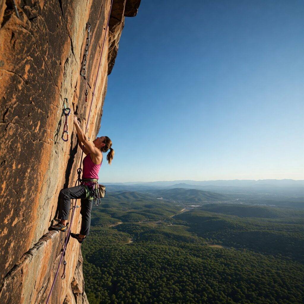 Climber on sheer rock face, vast vista below, inspirational