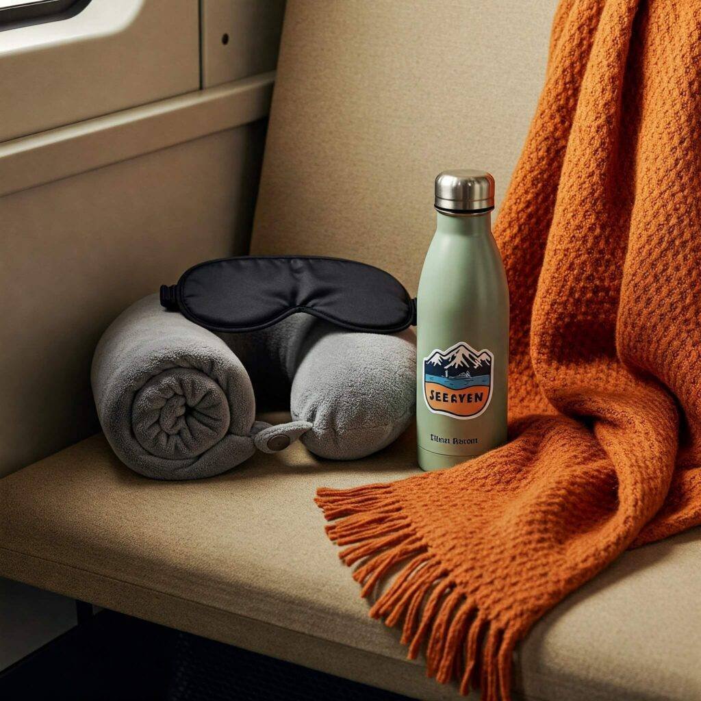 Travel comfort essentials: neck pillow, eye mas