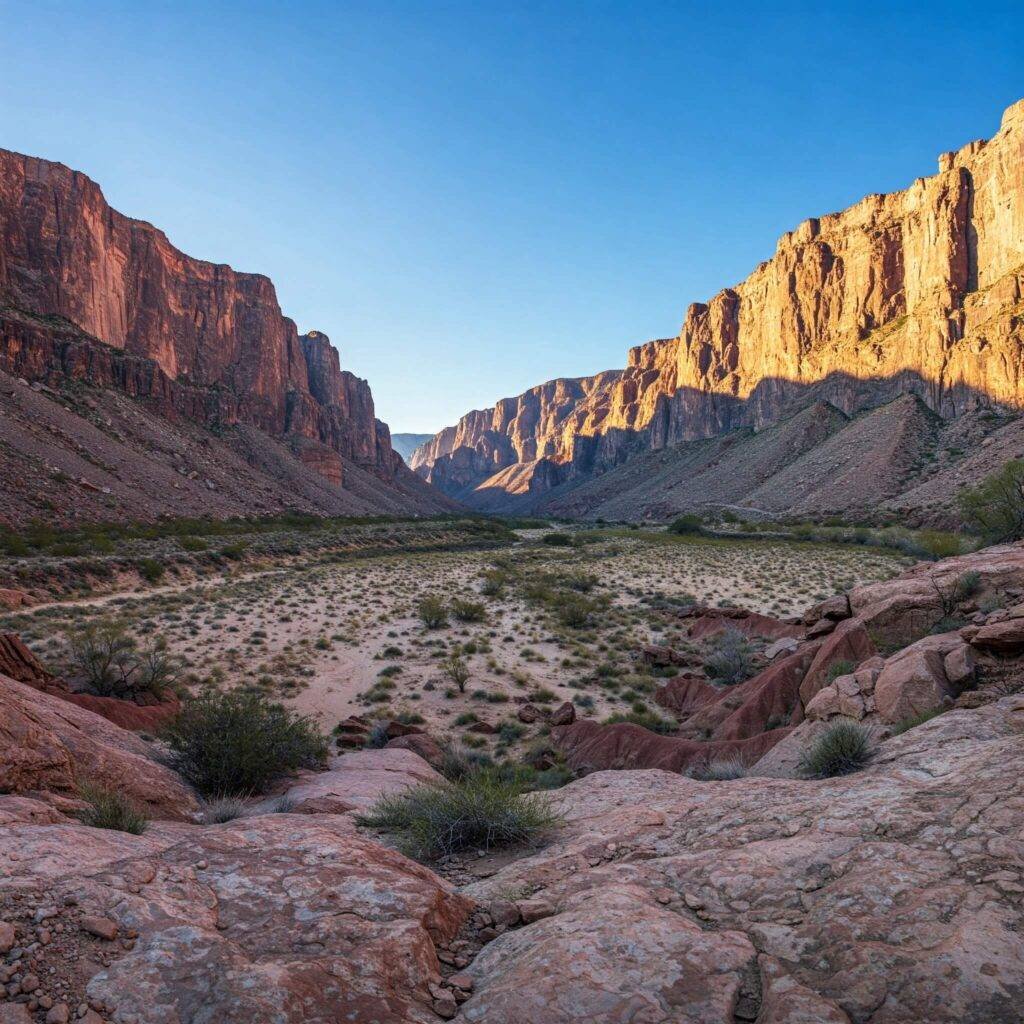 showing mountains and vast desert or canyon