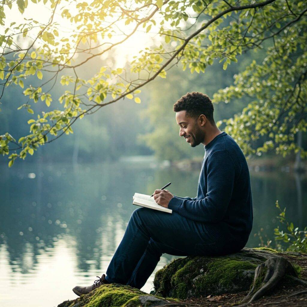 Reflective moment: Person journaling by tranquil lake