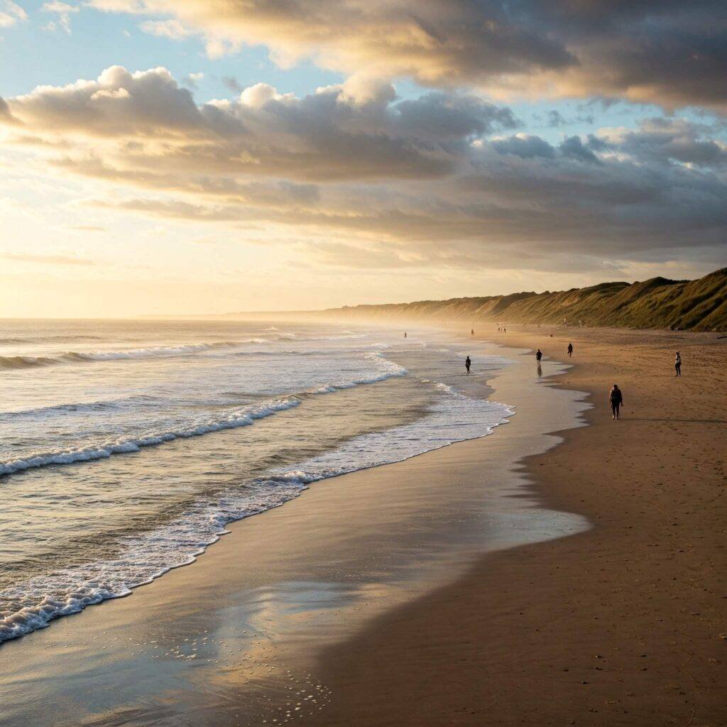Peaceful beach scene with waves and a serene sky