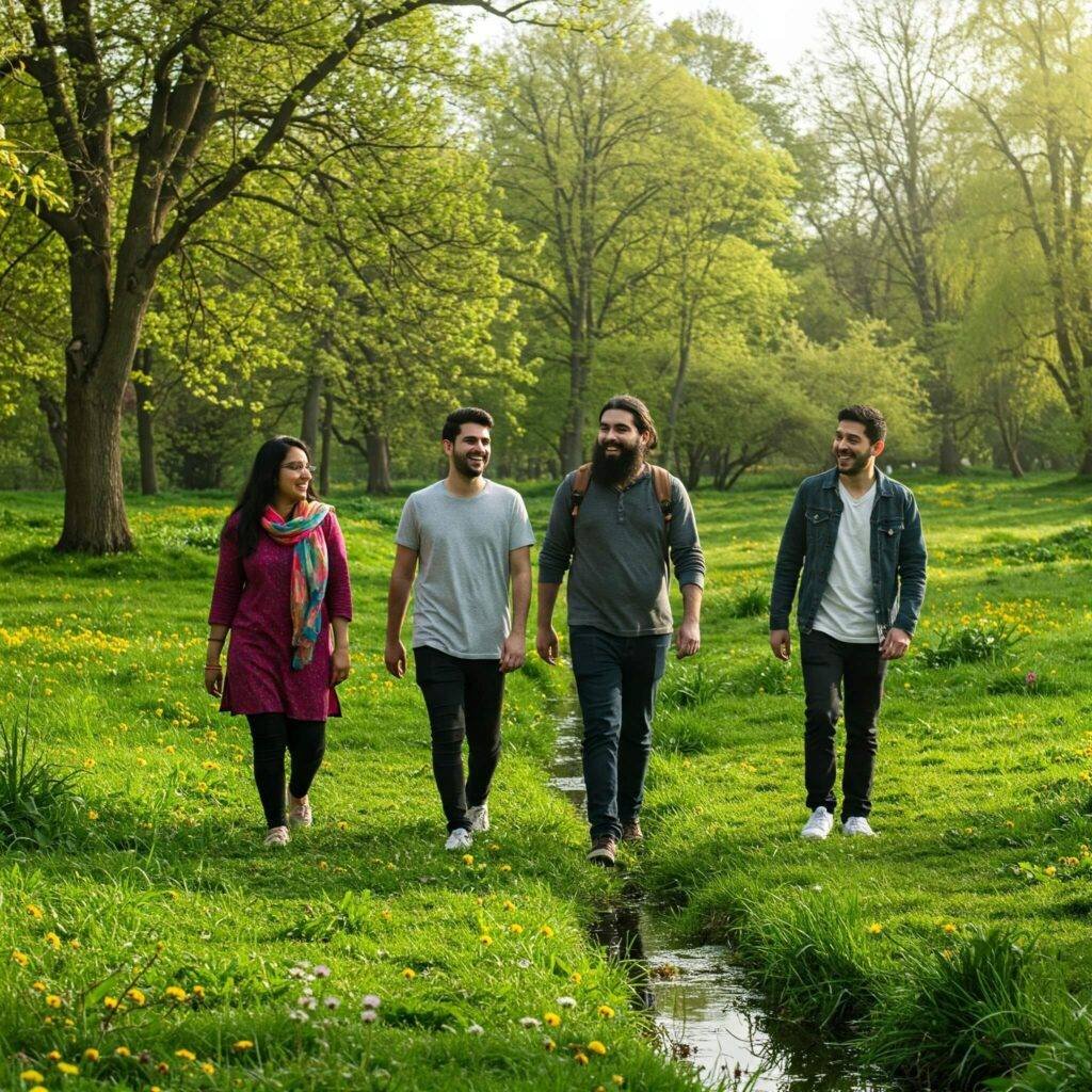Group of friends walking in a park