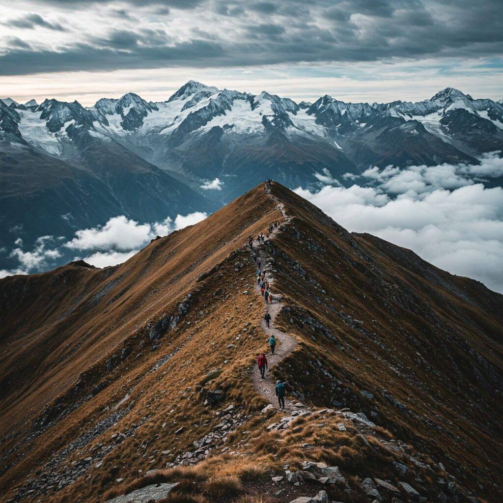 Challenging mountain hike with triumphant hikers