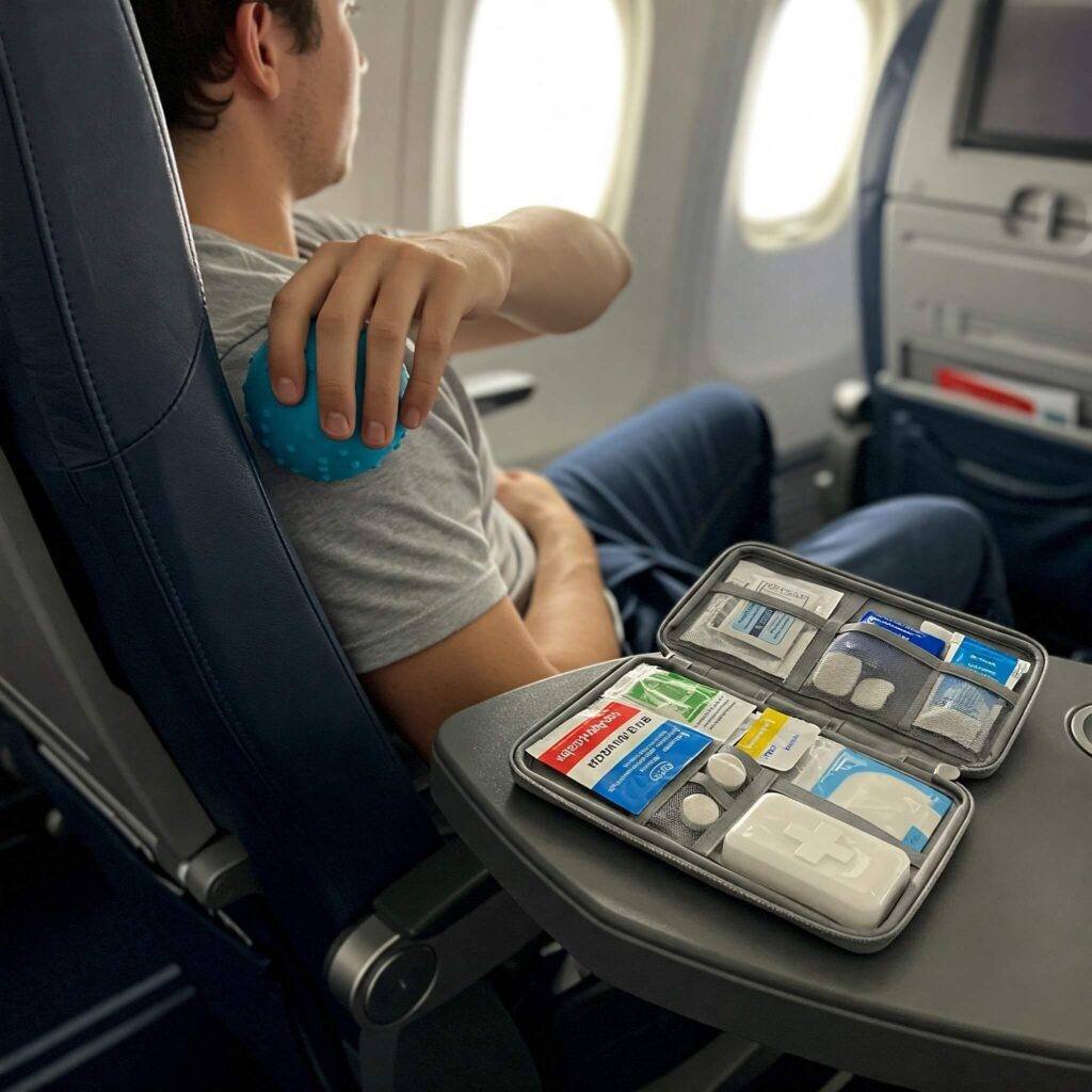 Traveler using massage ball for comfort