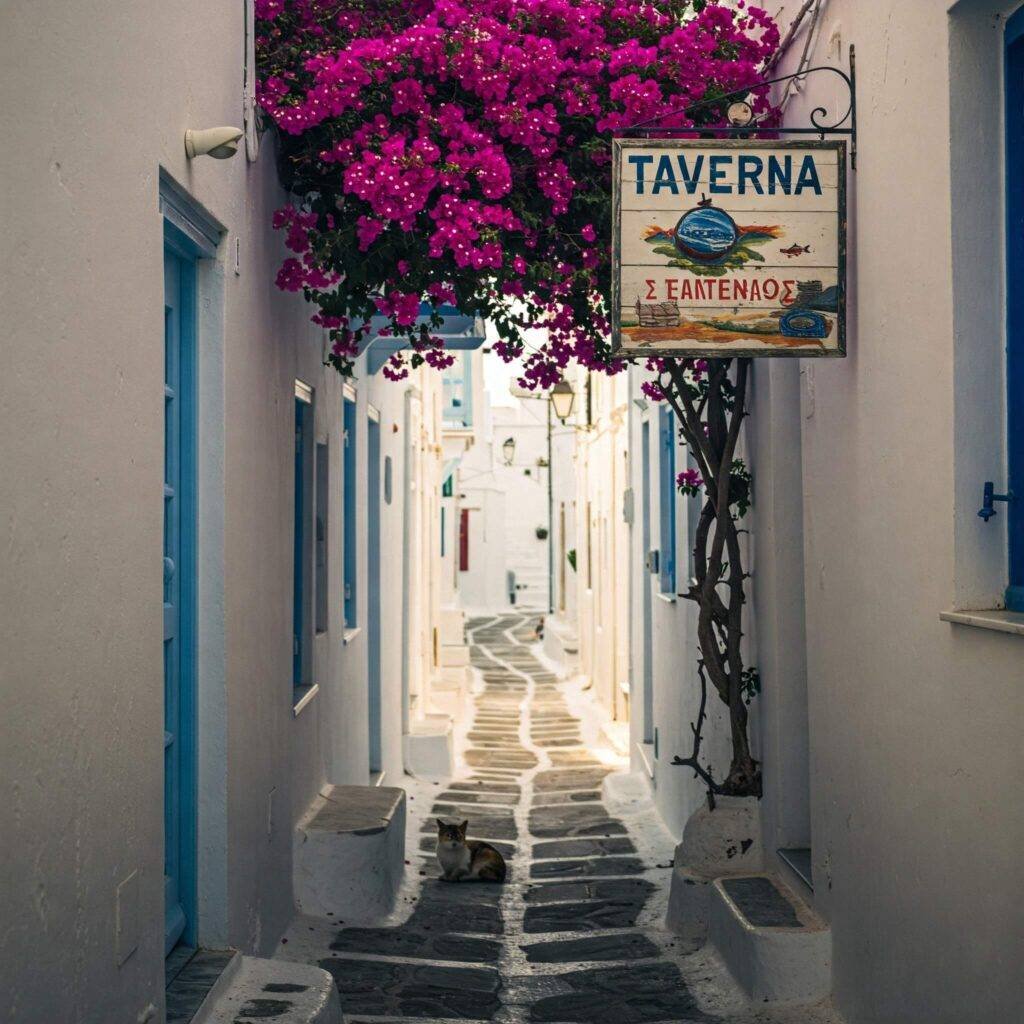 Charming Naxos street scene with flowers
