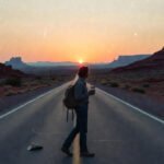 Best Places to Solo Travel in the USA Right Now a lone figure standing on an empty desert highway at golden hour with distant red rock formations,